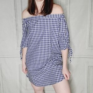 Elan Checkered Off Shoulder Dress